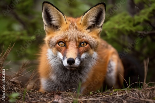 Wild red fox vulpes observed in the wild in northern Canada during the spring and summer months, with dirt around the wild animal smelling the ground. Generative AI © AkuAku