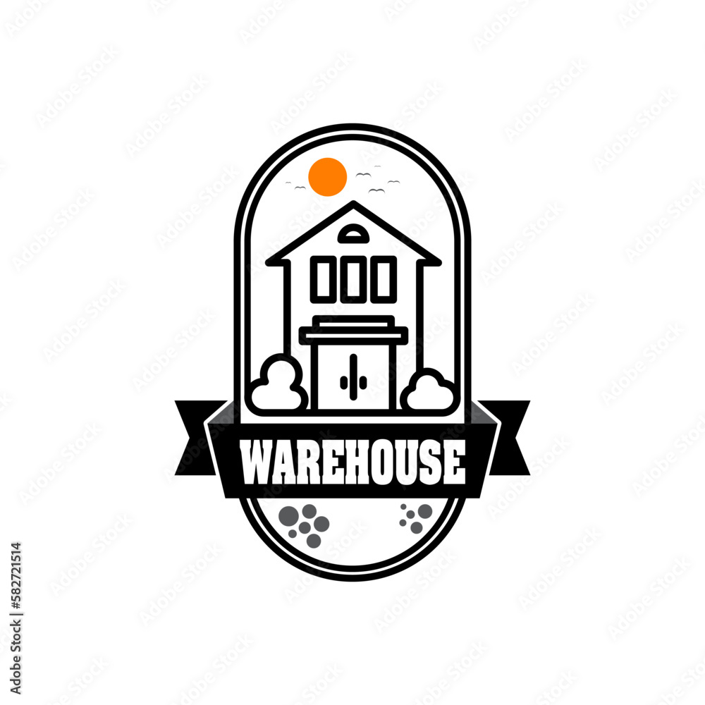 warehouse silhouette, vector pictogram of vintage warehouse logo, line art.