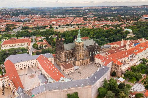 Prague Old Town with St. Vitus Cathedral and Prague castle complex with buildings revealing architecture from Roman style to Gothic 20th century. Prague, capital city of the Czech Republic