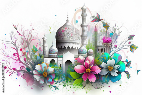 Illustration of Islamic theme design with floral motives for Ramadhan and Eid Fitri celebration as banner background created with Generative AI technology