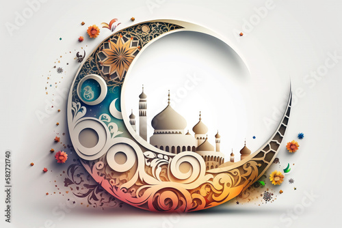 Illustration of Islamic theme design with floral motives for Ramadhan and Eid Fitri celebration as banner background created with Generative AI technology