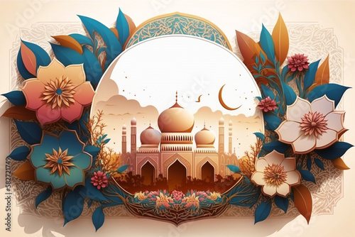 Illustration of Islamic theme design with floral motives for Ramadhan and Eid Fitri celebration as banner background created with Generative AI technology