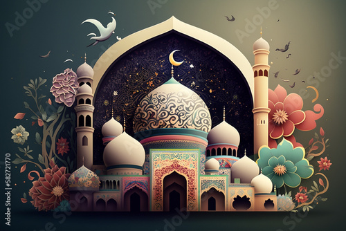 Illustration of Islamic theme design with floral motives for Ramadhan and Eid Fitri celebration as banner background created with Generative AI technology