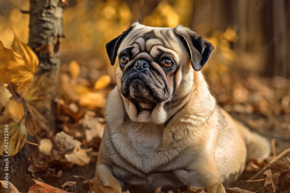 A young female pug breed sits on a blanket of dry yellow autumn leaves and late fall green grass. Real animal, gullible appearance. The emphasis is soft. Generative AI A young female pug breed sits on a blanket of dry yellow autumn leaves and late fall green grass. Real animal, gullible appearance. The emphasis is soft. Generative AI