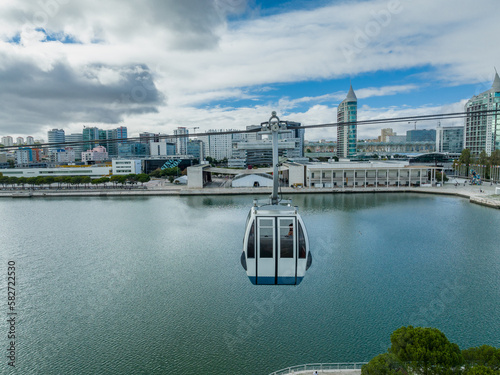 Telecabine Lisboa at Park of Nations (Parque das Nacoes). Cable car in the modern district of Lisbon over the Tagus river on a spring day photo