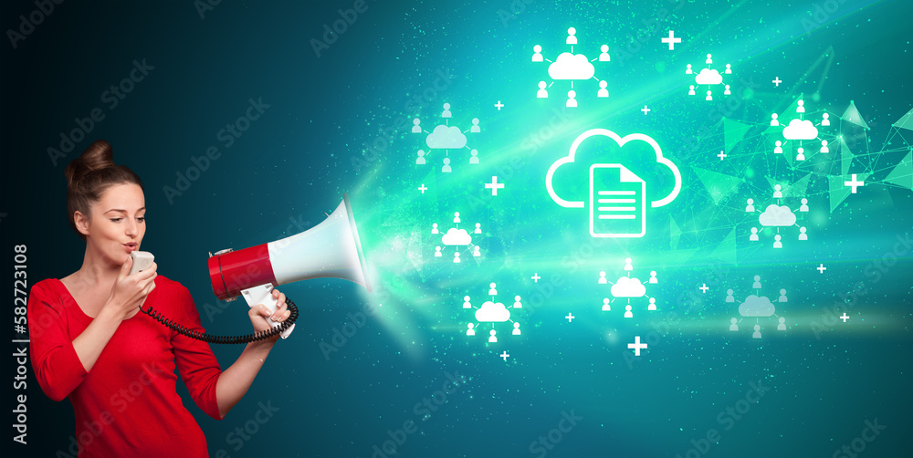 Young person with megaphone and technology related icon Young person with megaphone and technology related icon