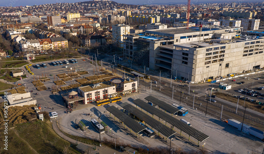 Kelenfold Bus Station in Budapest, Hungary and Construction in Background.