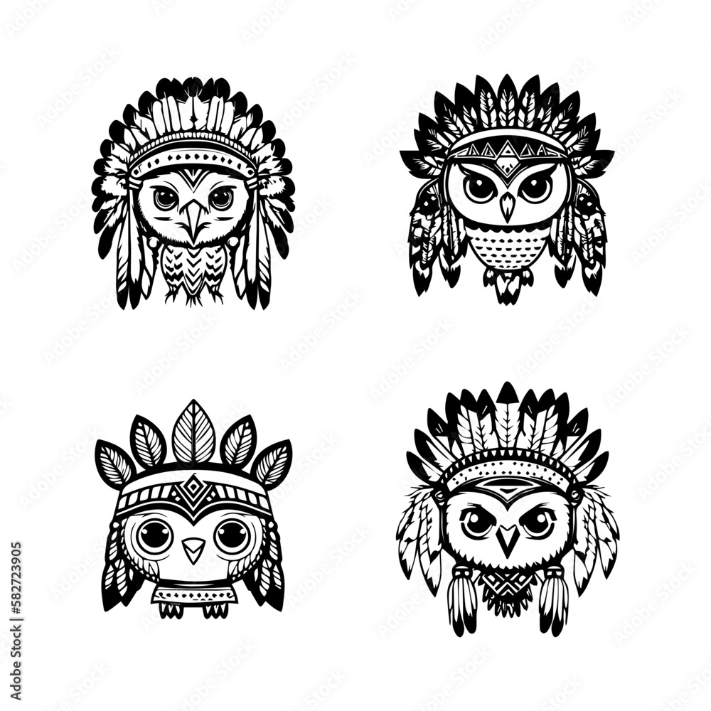cute kawaii owl wearing indian chief accessories collection set hand drawn illustration