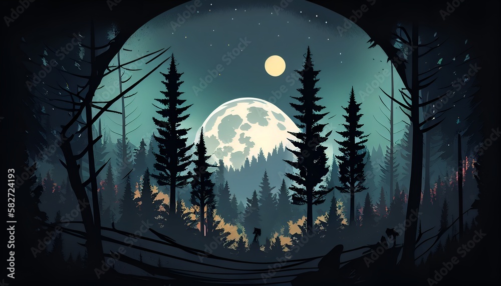 2D Illustration Wallpaper, Wald bei Nacht