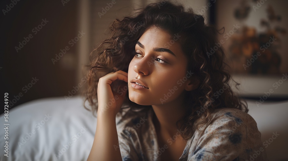 Young woman lost in thoughts daydreaming - made with generative AI tools Young woman lost in thoughts daydreaming - made with generative AI tools
