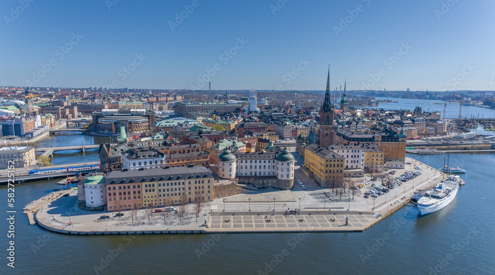Stockholm Cityscape in Sweden. Old Town Architecture. Drone Point of View.