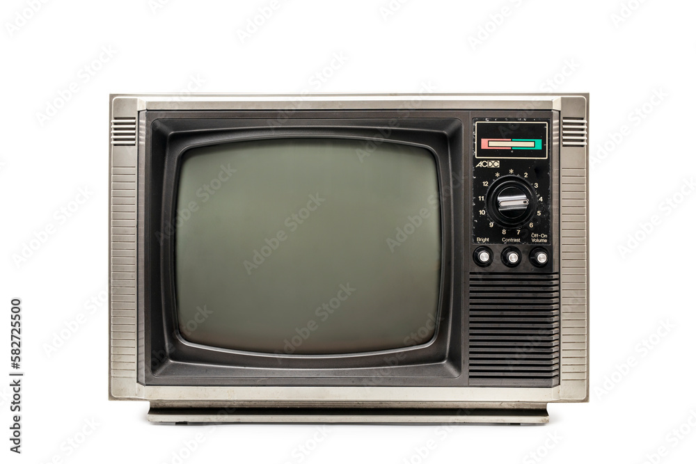 Retro old television (TV) with blank screen on the white background. Clipping path