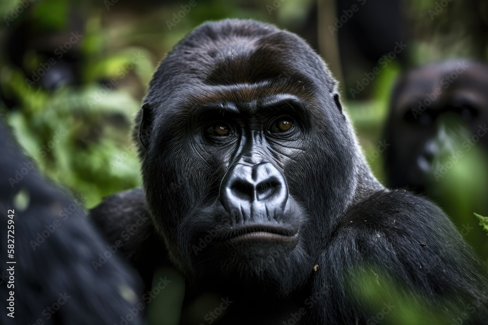 A gorilla stares inquisitively at a swarm of people. Generative AI A gorilla stares inquisitively at a swarm of people. Generative AI