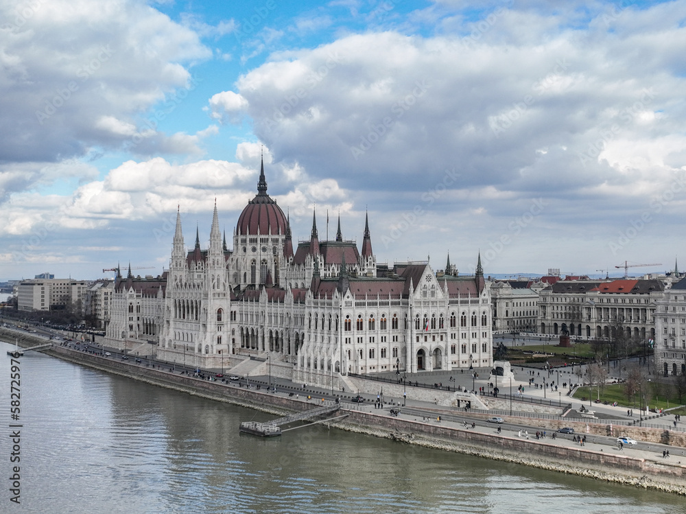 Fototapeta premium Budapest Skyline Hungarian Parliament Building and Danube River from a Drone Point of View