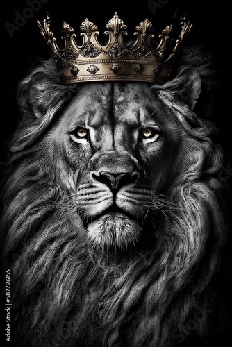 Regal Black and White Portrait of a Lion with Gold Crown