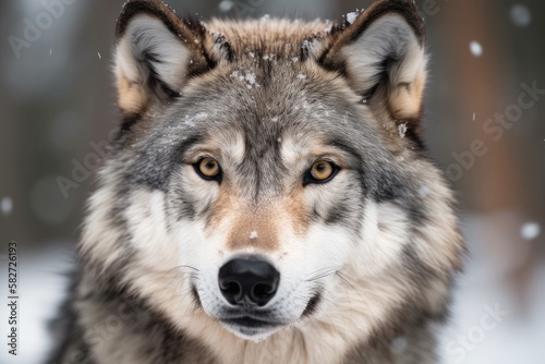 Close up portrait of a timber wolf or grey wolf Canis lupus with direct eye contact in winter snow in Canada. Generative AI