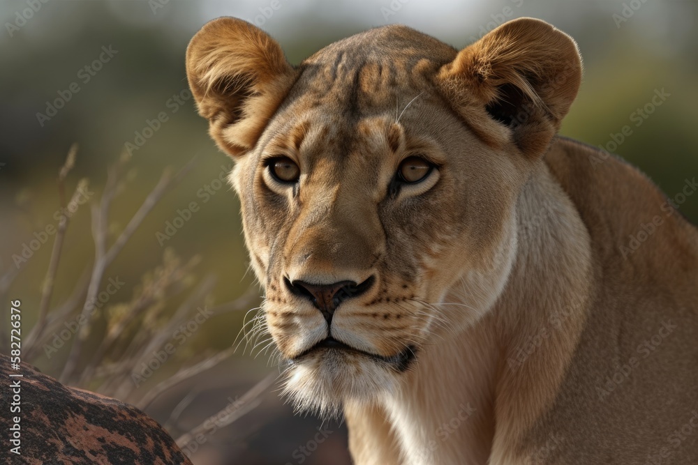 Fototapeta premium On a South African safari, a young female lion can be observed on a vast rocky outcrop. Generative AI