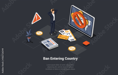 Deportation, Cancellation Visa And Trip, Man Got Ban Or Deport on Entering Country Because Of Sanctions. Economic, Political Sanctions Imposed on Individual Citizen. Isometric 3d Vector Illustration