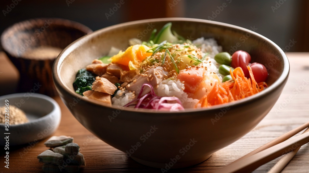 Japanese Donburi Bowl with Fresh Fish and Rice - A classic Japanese dish featuring fresh fish and rice, arranged beautifully in a donburi bowl.