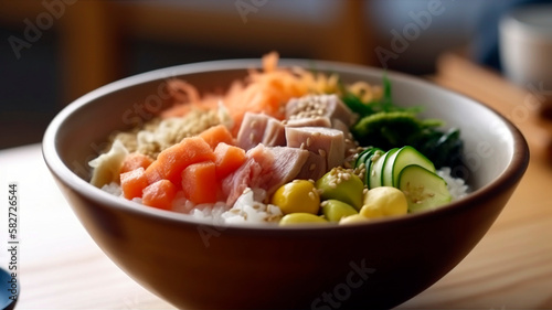 Delicious Donburi Bowl with Fish, Rice, and Vegetables - A mouthwatering dish of fresh fish, rice, and veggies, expertly arranged in a donburi bowl.