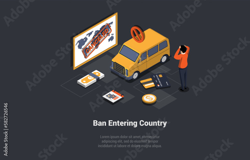 Cancellation Visa Or Trip, Businessman Near Yellow Taxi Got Ban On Entering Country Because Of Sanctions. Economic, Political Sanctions Imposed on Individual Citizen. Isometric 3d Vector Illustration