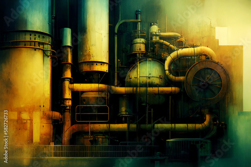 Illustration of abstract industrial background design with old and rusted texture created with Generative AI technology.
