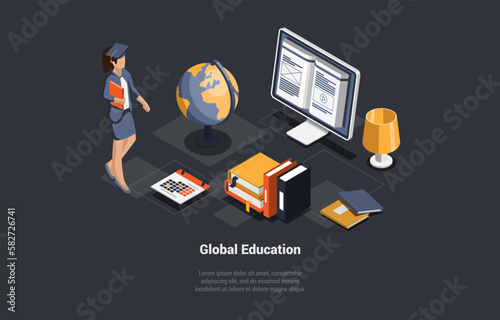 Global Education And Online E-Learning. Girl Student Has Exam Or Course At Home Or Office. Woman Has An Remote Course At Home. Learning Online In Front Of Computer. Isometric 3d Vector Illustration