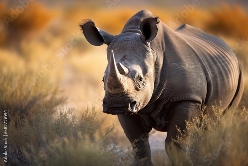 A male black rhino (Diceros Bicornis) walks through the grasslands in Namibia's Etosha National Park. Generative AI