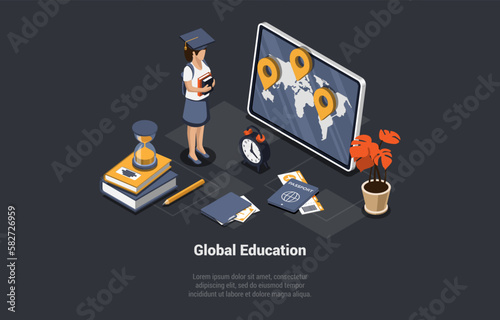 Concept Of Global Education And Online E-Learning. Girl Student Passed Exam And Go On Vacations. Woman In Graduation Hat Searching Flight For Vacations On Computer. Isometric 3d Vector Illustration