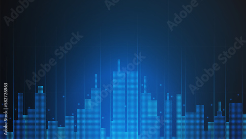 cityscape technology background concept. city space bright glowing neon, data blue line circle lights, technology Abstract, vector. city for tech, web banner, web site, communication, transformation. © dps studio
