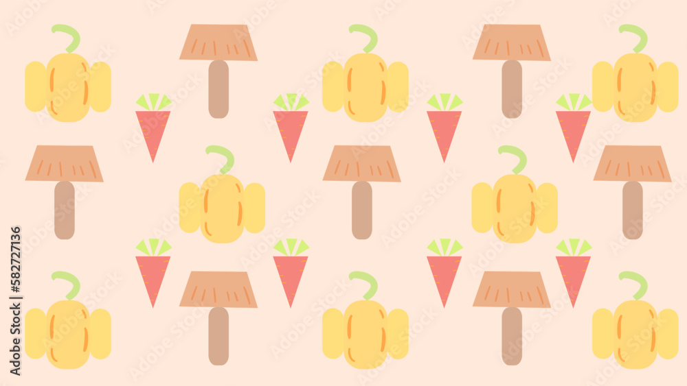 Mushroom, carrot, pumpkin intertwined with goose yellow background