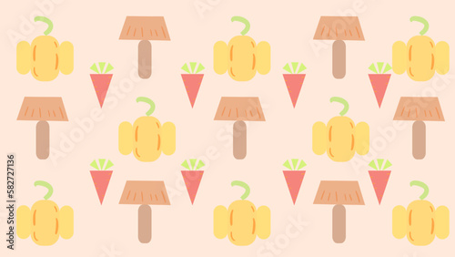 Mushroom, carrot, pumpkin intertwined with goose yellow background