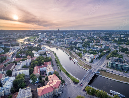 Vilnius Cityscape with Business District and River Neris. Sunset Sky. Lithuania