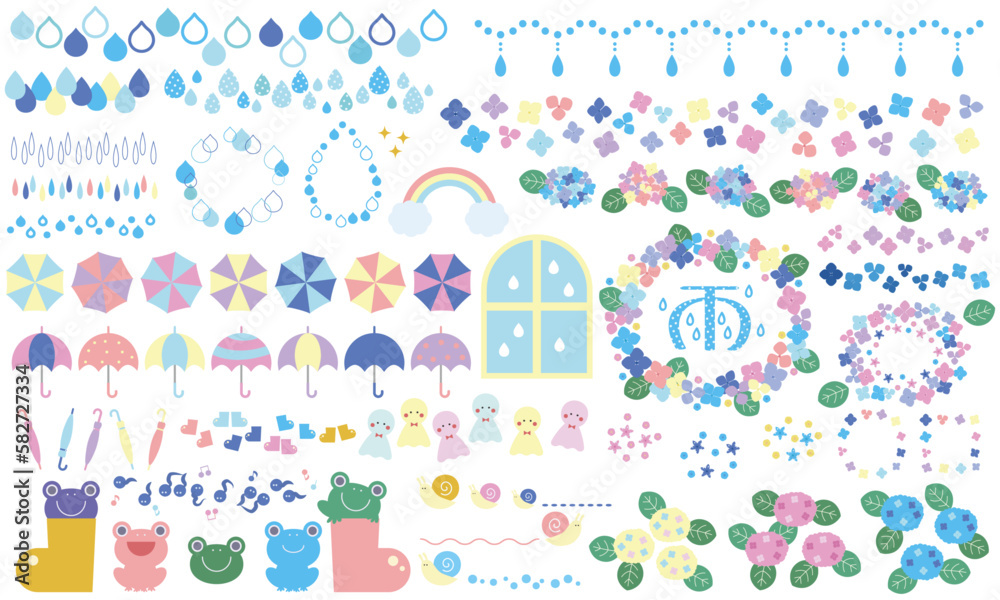 Fototapeta premium 雨とアジサイの時期のかわいい素材セット