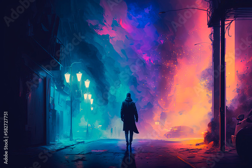 A city street at night, cyberpunk, neon. Generative AI