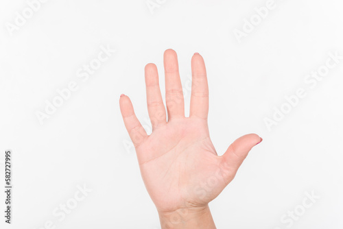 Woman Hand With Polish Nails Show Five Fingers. White Background. Hand.