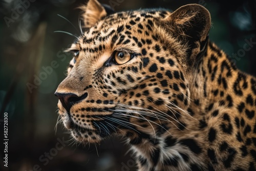 A close up portrait of a leopard with beautiful patches. Generative AI © AkuAku