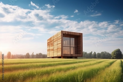 Modern cube house in the countryside, surrounded by grass, with a forest in the background