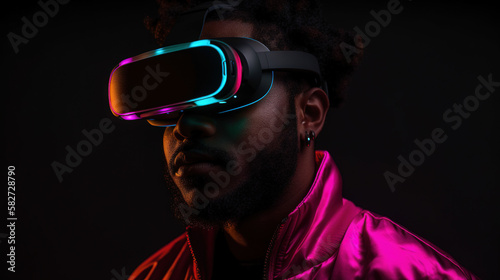 Portrait of African-American man wearing virtual reality headset. Vivid colors neon glowing HMD generative ai