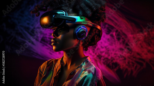 Portrait of African-American woman wearing virtual reality headset. Vivid colors neon glowing HMD generative ai