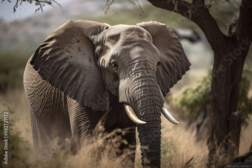 Picture of an African Elephant, Serengeti, Tanzania, Africa. Generative AI