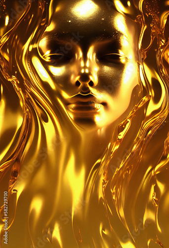 Golden woman face from metallic liquid waves background. Generative AI 