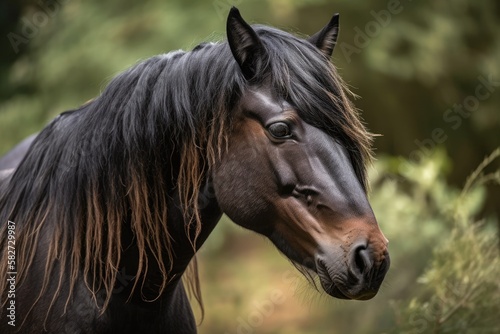 A black and brown mixed breed Gelderland and Frisian horse, gazing to the right. Generative AI © AkuAku