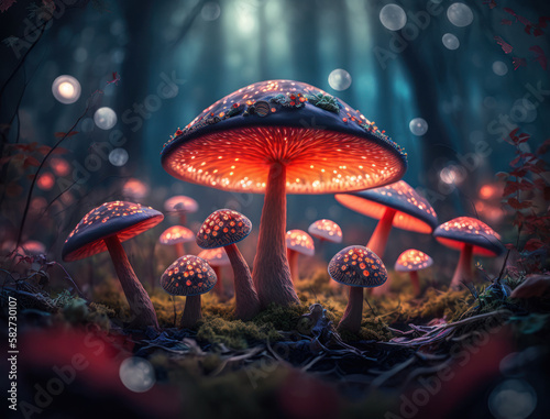 Fantasy mushroom landscape in the forest created with Generative AI technology © Denis Darcraft