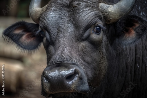 Close up of the cape head, eye, and nose of a Thai buffalo or water buffalo in a stable. The buffalo is an important aspect of Thai culture and civilization. Buffaloes provide numerous services, inclu photo