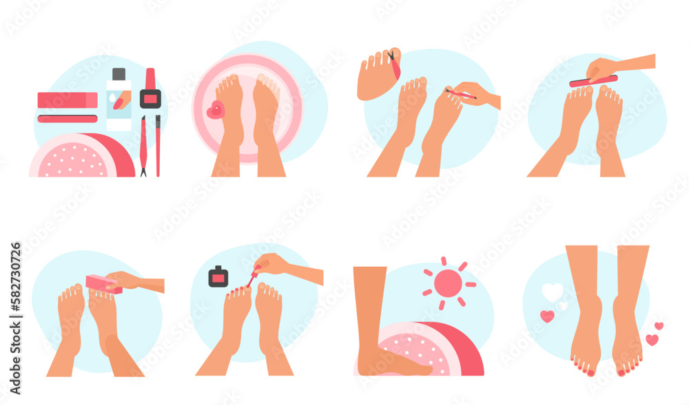 Pedicure set vector illustration. Cartoon isolated scenes with spa treatment and bath hygiene, female hand holding file and cuticle clipper, nail polish to care womans feet, beauty cosmetic bottles