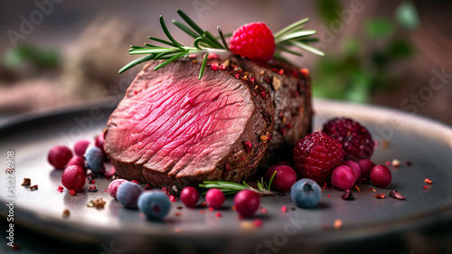 This closeup of a delicious venison tenderloin fillet steak with mushrooms and berries is a must-have for food photography enthusiasts. photo