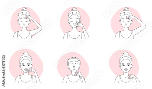 Gua sha massage, infographic line icons vector illustration. Hand drawn outline girls massage skin of face and neck with with jade or quartz stone massager, holding gua sha tool to draw along lines photo