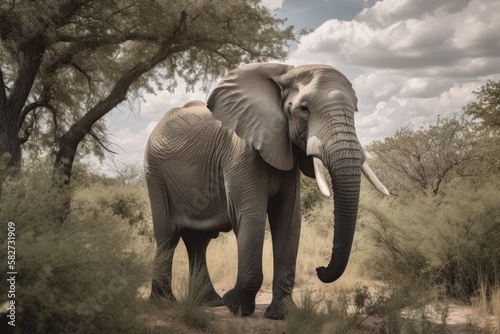 Picture of a free roaming African elephant in the wild. Generative AI