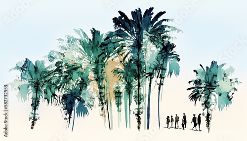 AI-generated illustration: watercolor landscape of palm trees in a tropical setting. Inspired by contributor's own photography. MidJourney.